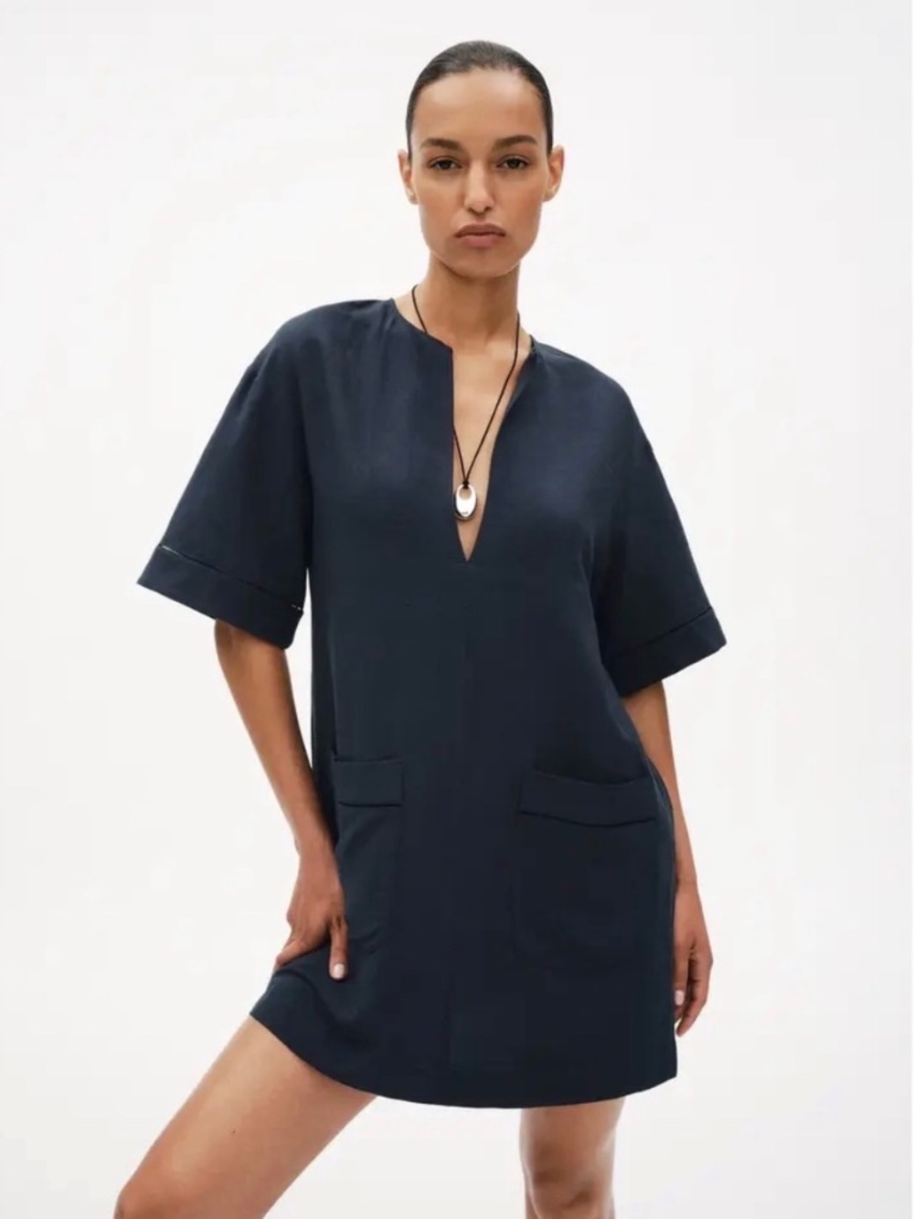 G. Label by Goop Navy Mini Kaftan Linen Shift Dress Size 0 | Pocket Mini Dress
